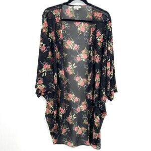 LA MIEL Black Floral Print Oversized Sheer Dolman Sleeve Cardigan Size Large